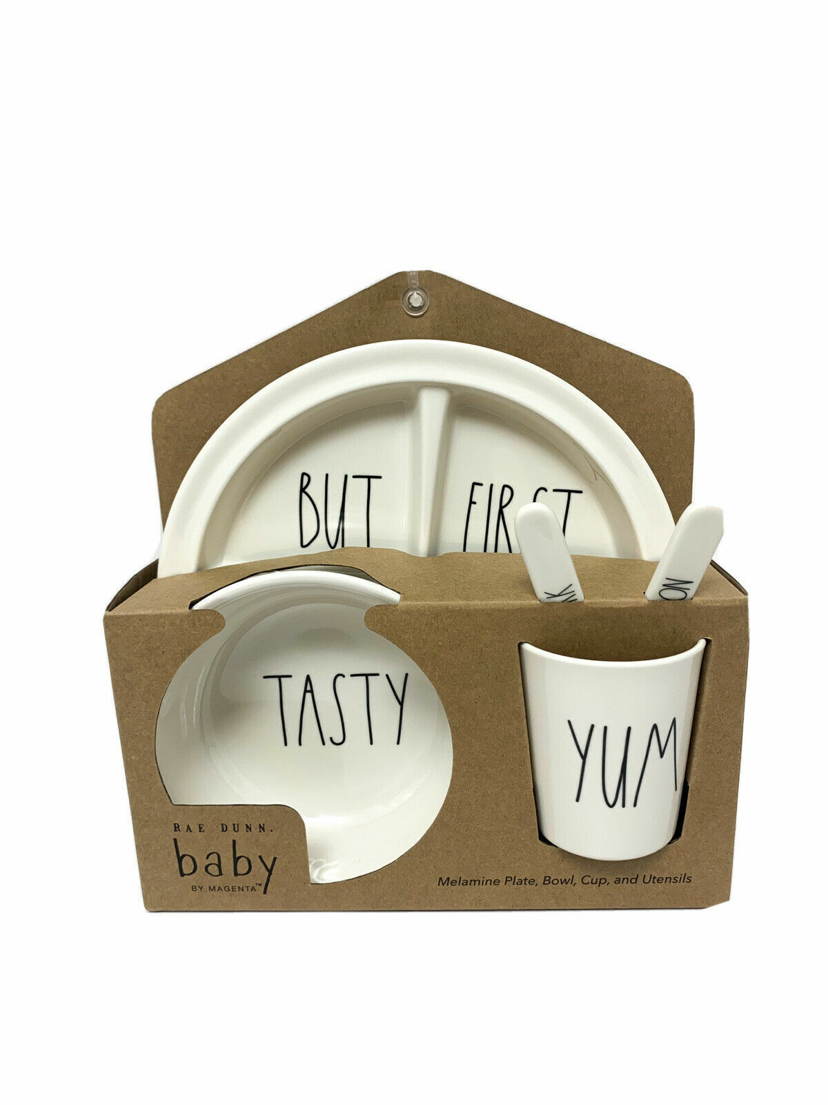 Rae Dunn Baby 5 Piece Gift Set Melamine Plate Bowl & Utensils “yum” “tasty” New