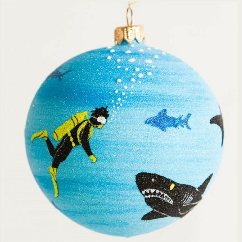 Shark Tank Scuba Diver Polish Glass Ball Christmas Tree Ornament Made In Poland