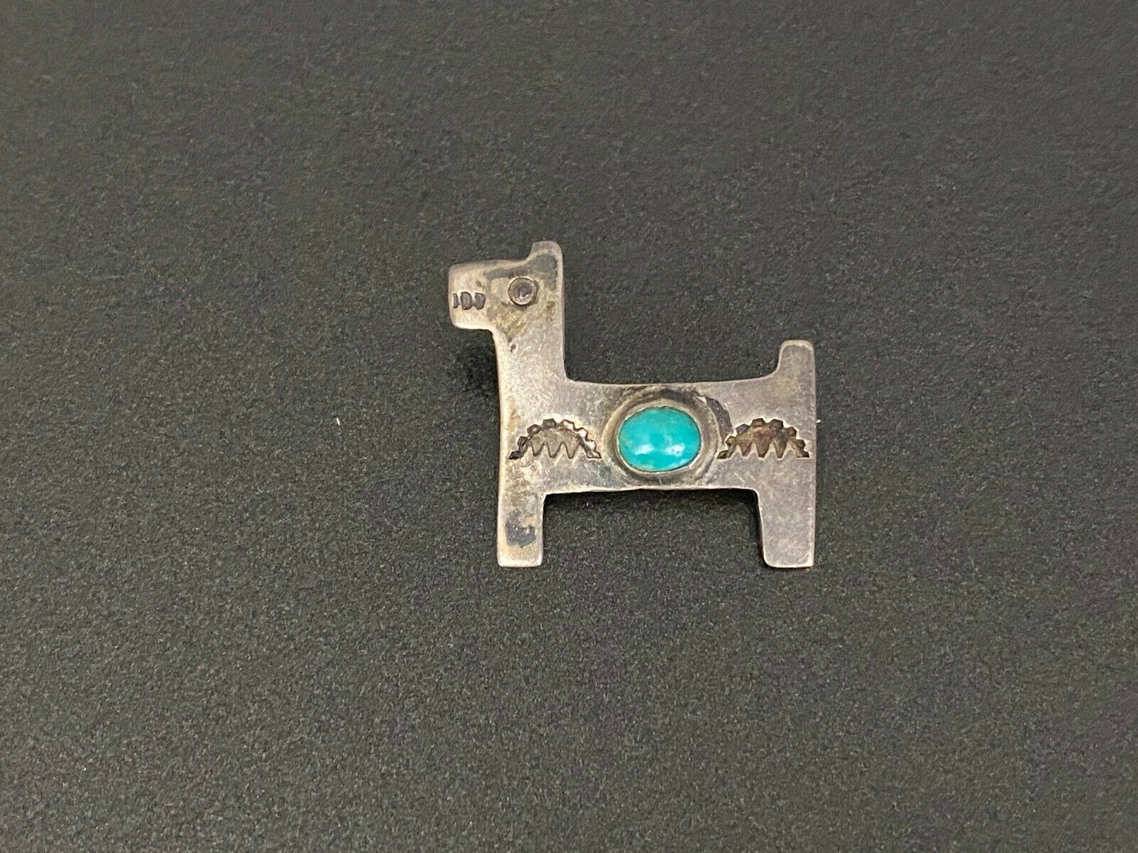 Vintage Petite Navajo Sterling Silver Horse Stampwork Turquoise Pin Brooch