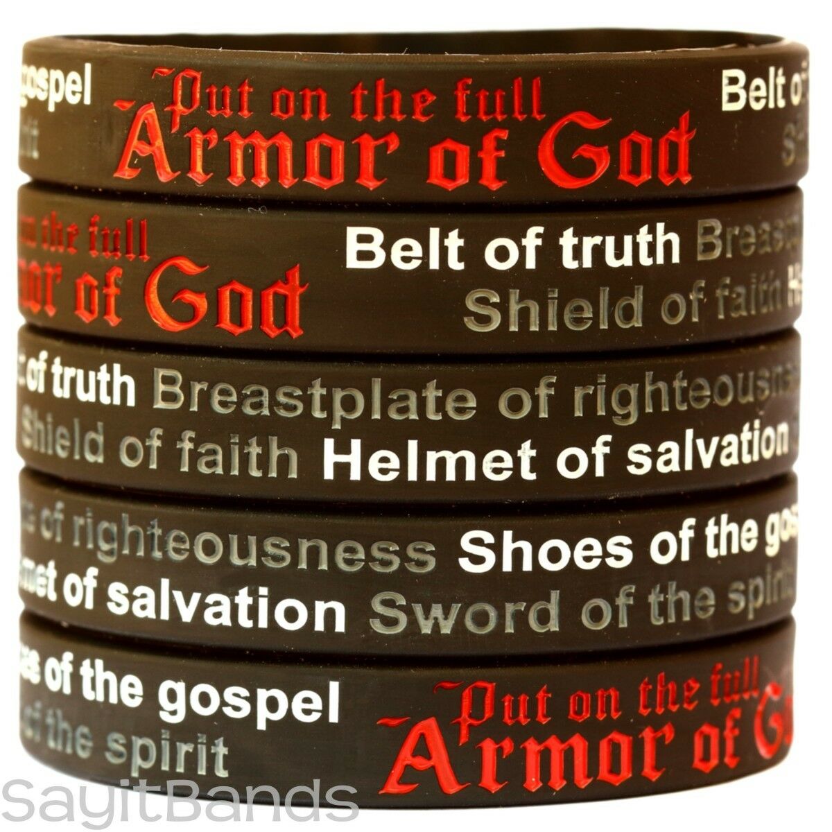 5 Armor Of God Wristbands - Ephesians 6:11 Bracelets - Religious Jewelry Bands
