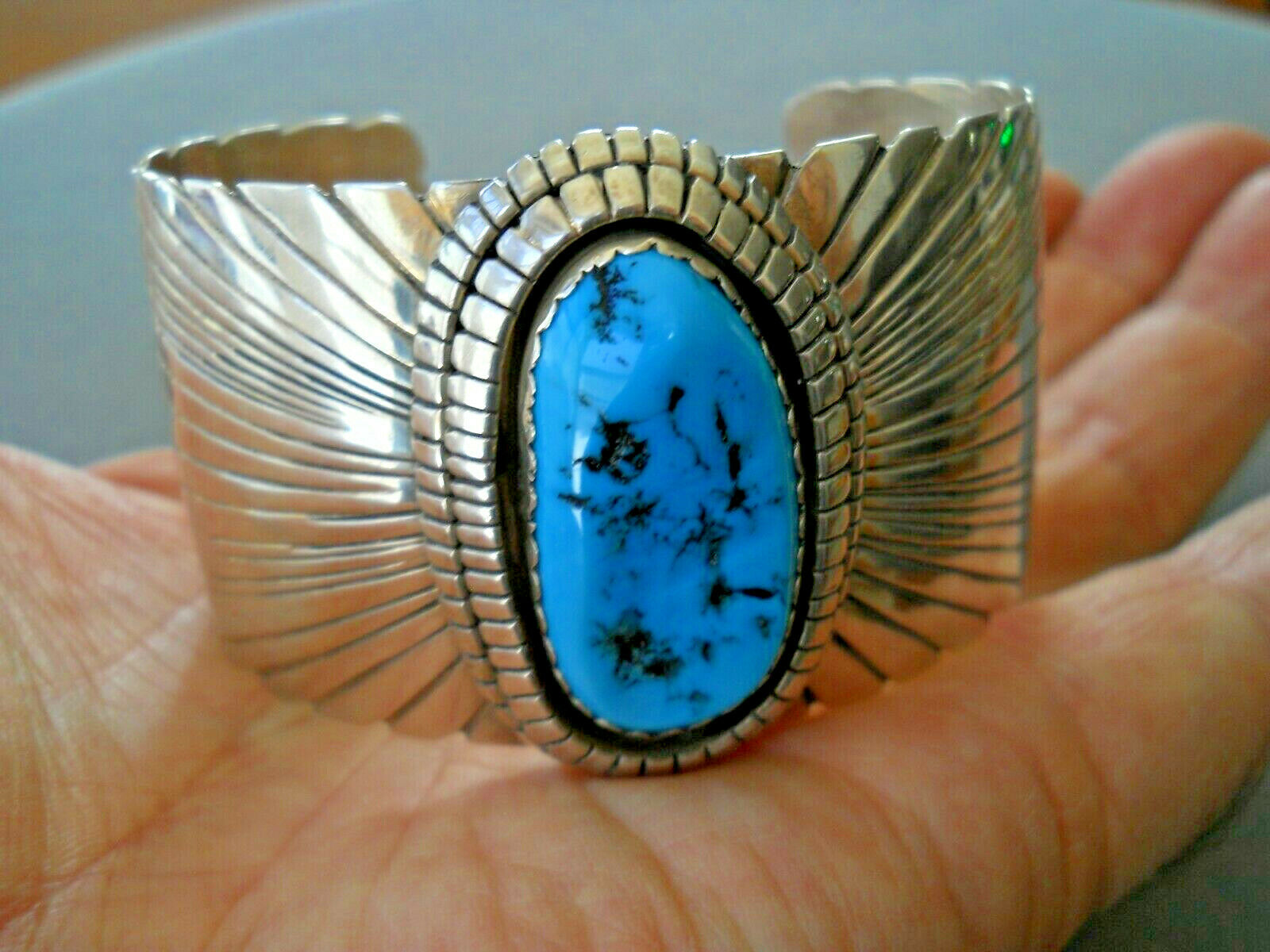 Southwestern Native American Turquoise Sterling Silver Sun Rays Cuff Bracelet