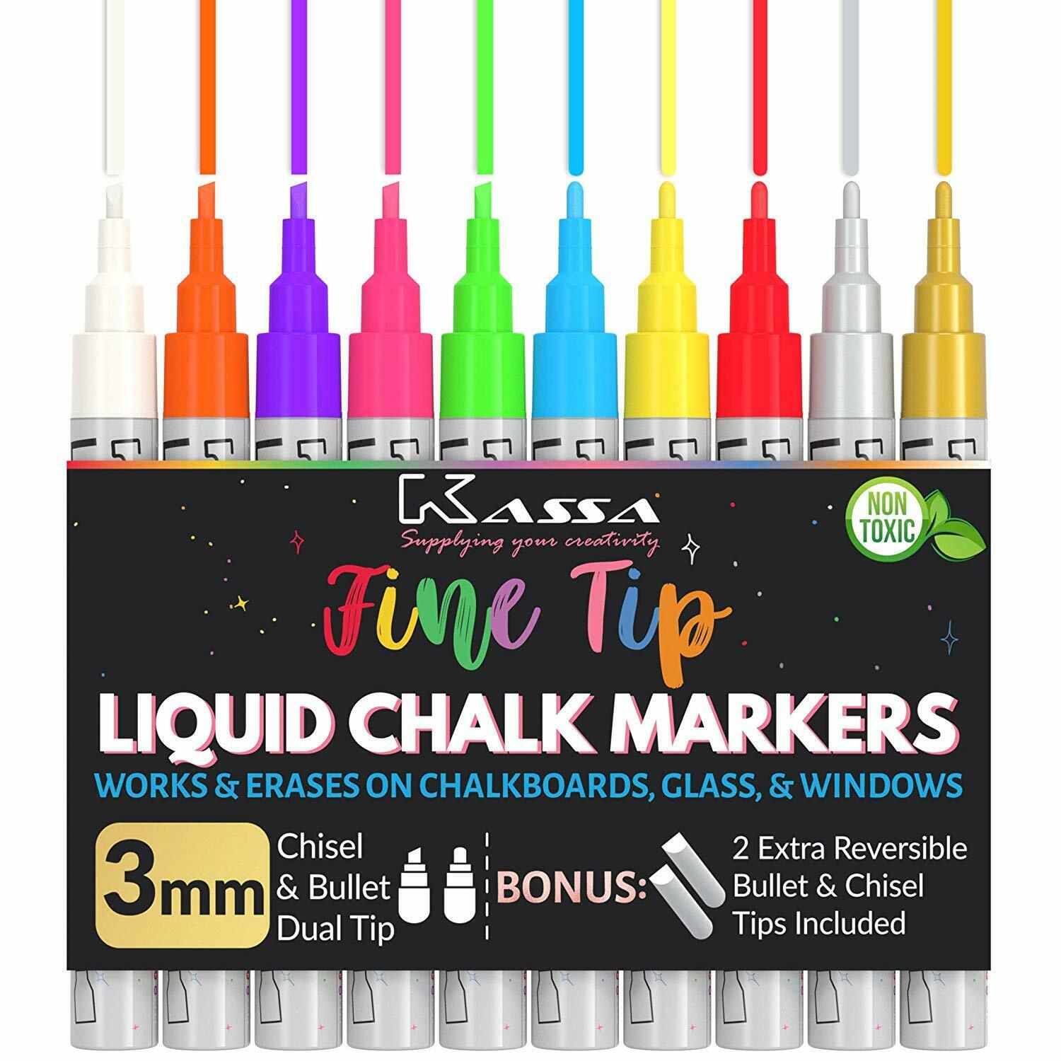Kassa Liquid Chalk Markers Fine Tip (10 Pack 3mm) - Erasable Chalkboard Pens