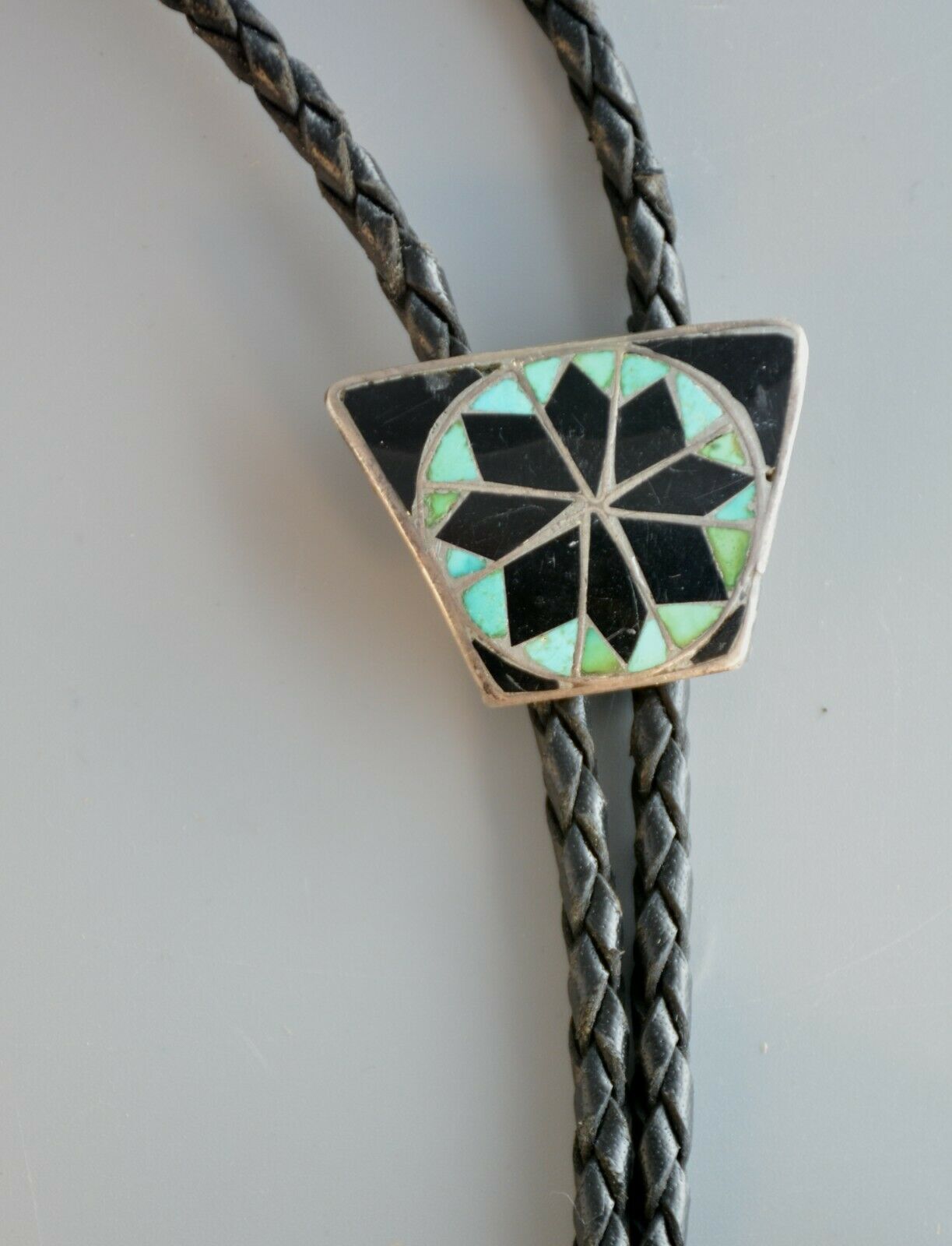 Vintage Zuni Silver Inlay Bolo Tie - Black 8 Pointed Star W. Turquoise