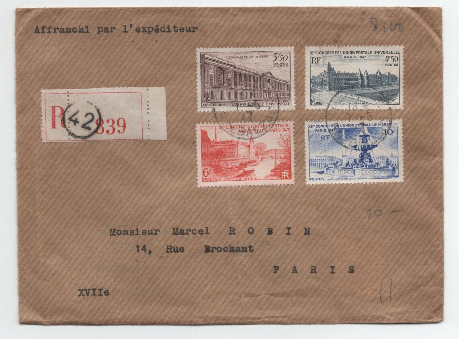 1947 Envelope N°780 In 783 1er Day Show Strong Cote