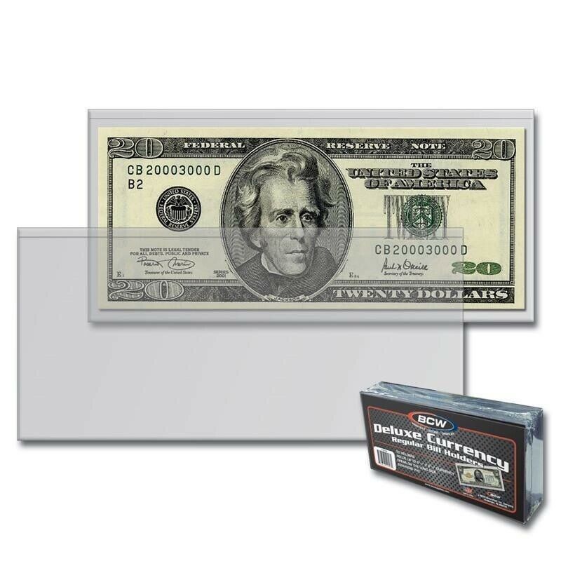 Pack Of 50 Bcw Deluxe Semi Rigid Regular Modern Us Currency Bill Holders