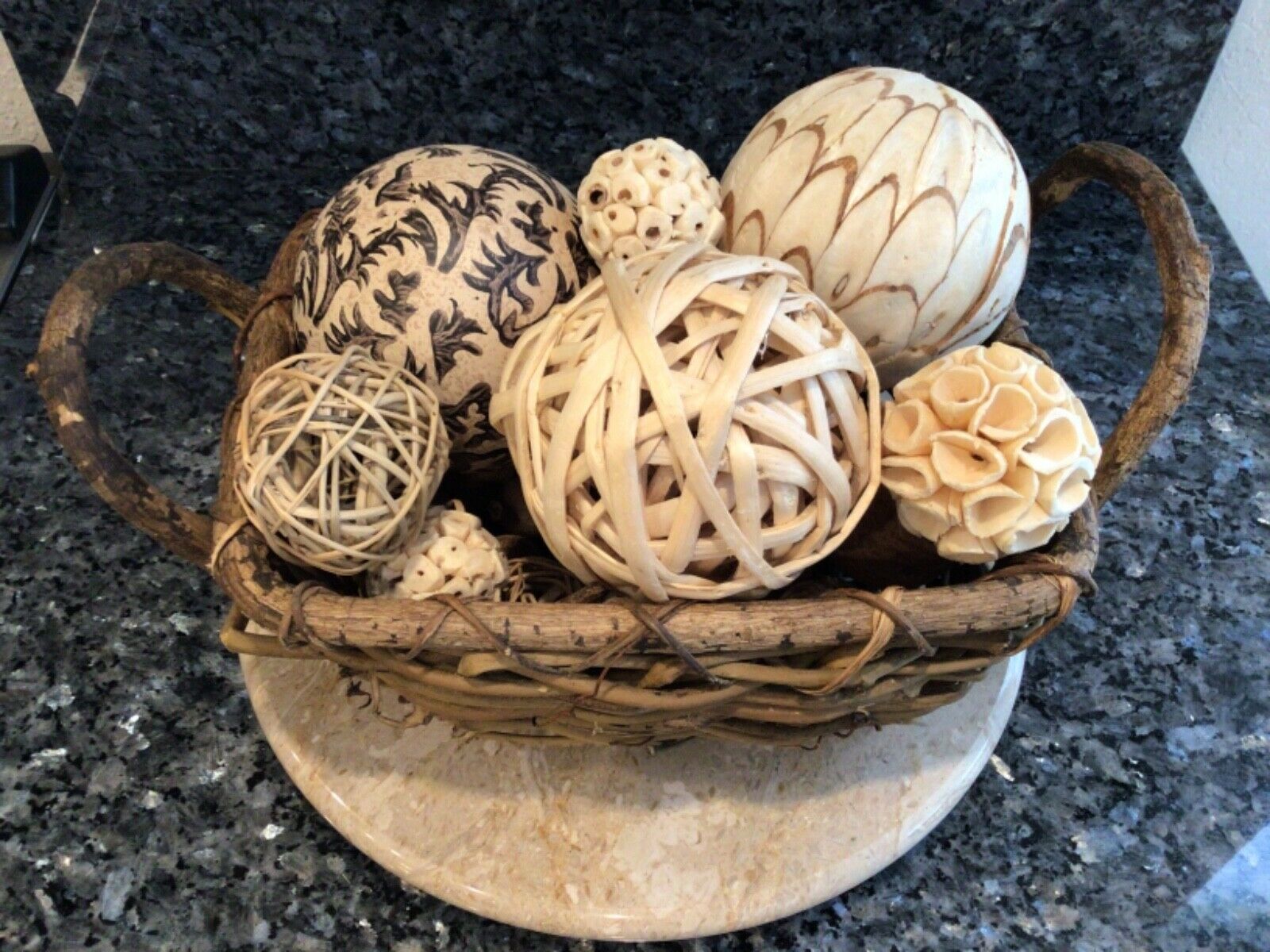 Antique Handmade Twig Basket & Balls Dried Pods Fall Harvest Table Centerpiece