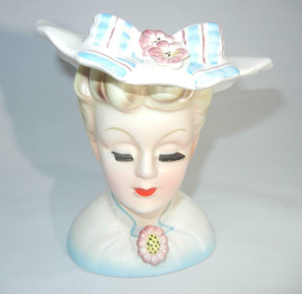 Vintage Lady Head Vase Lefton 2358 Flower Brooch Headvase 6 1/2" Foil Sticker