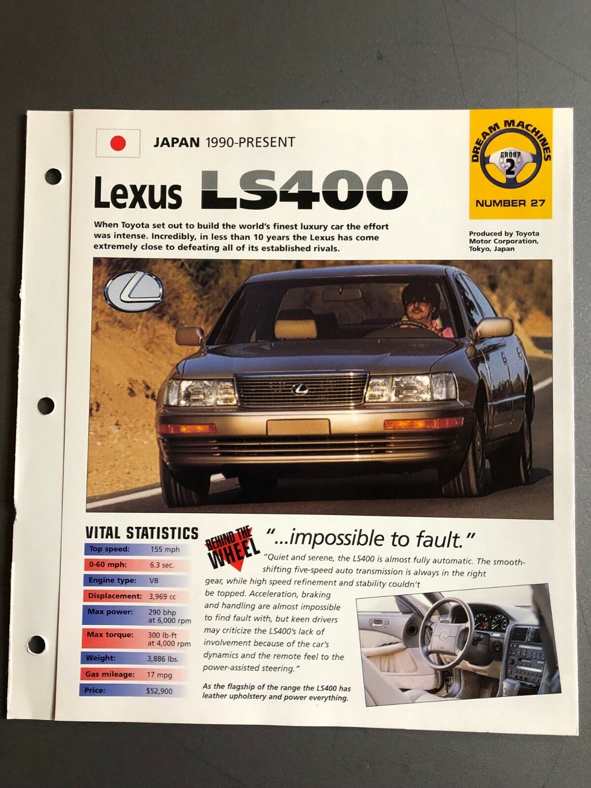 1990 > Lexus Ls400 Sedan Imp "hot Cars" Spec Sheet Folder Brochure Awesome L@@k