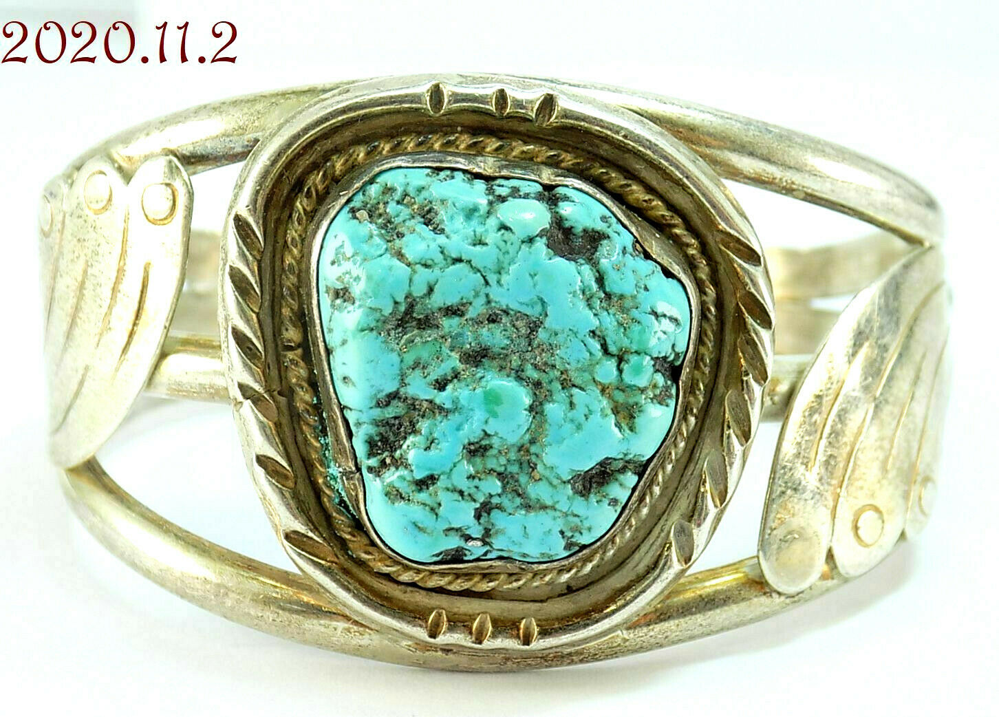 Navajo Signed Ivan V Turquoise Nugget 1-3/8"w Sterling Silver 925 Cuff Bracelet