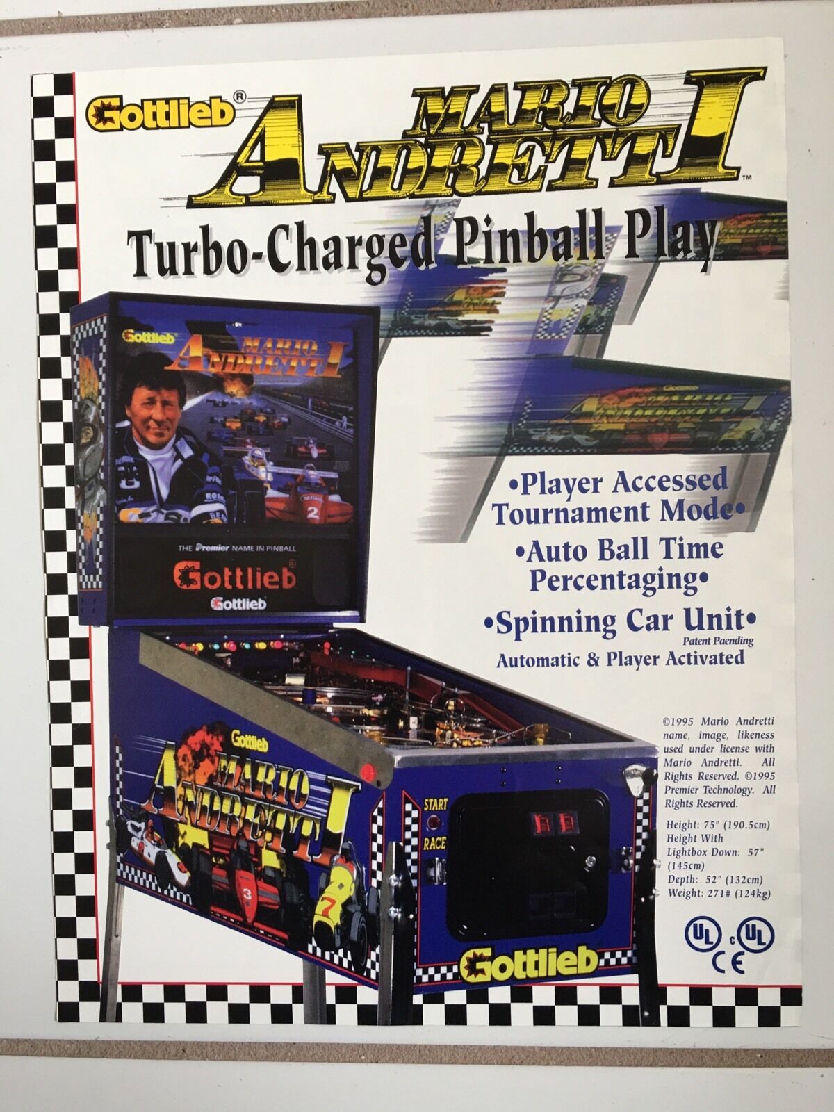 Mario Andretti  Pinball By Gottlieb Promotional Brochure--1995-"new"in Plastic