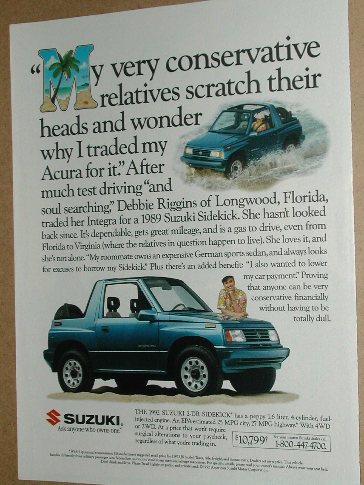 1992 Suzuki Advertisement, Suzuki  Sidekick 4x4, Florida, Driving On Beach