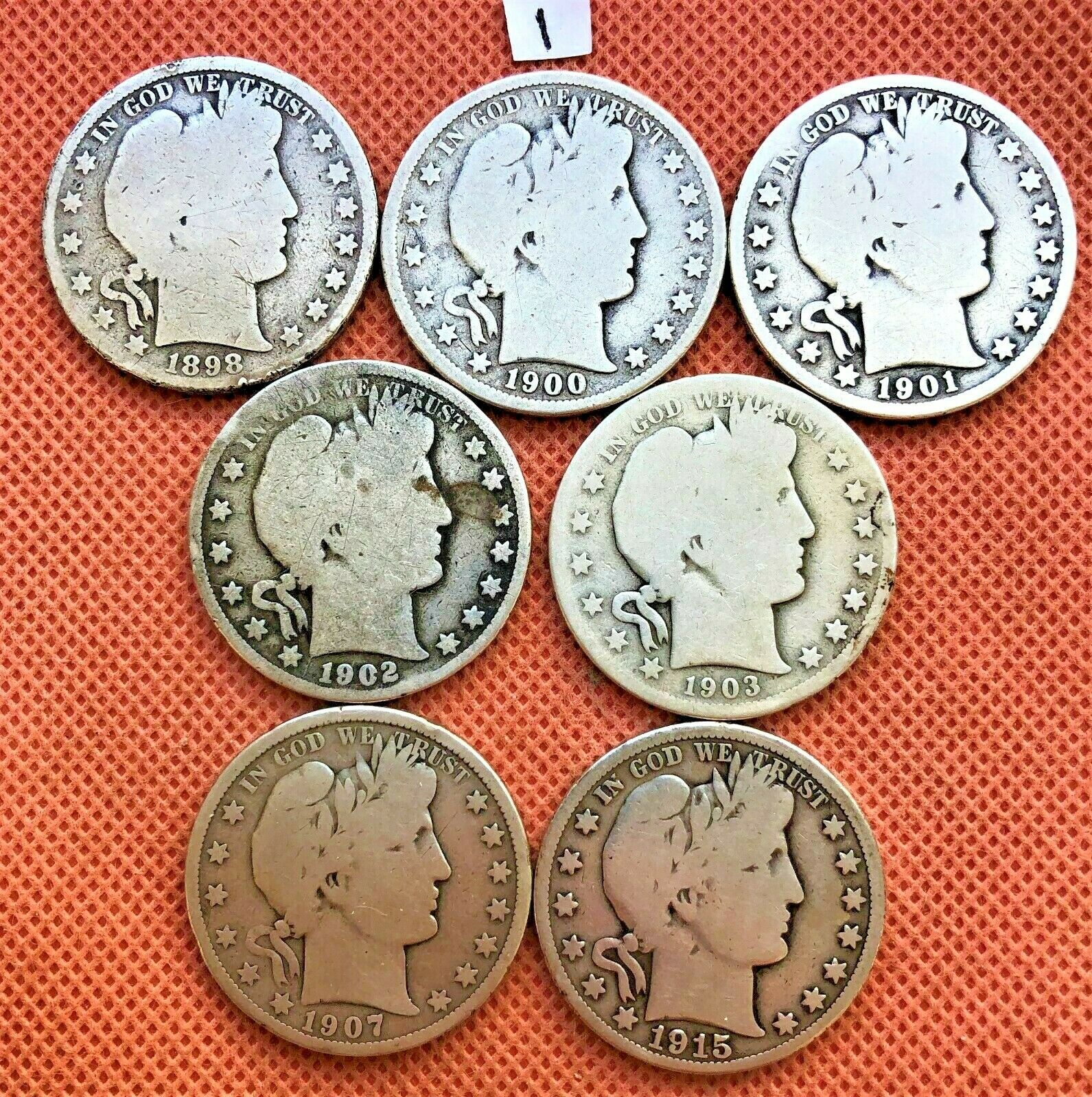 7 Barber Half Coins 1898-p, 1900-p, 1901-p, 1902-p, 1903-o, 1907-o, 1915-p #1