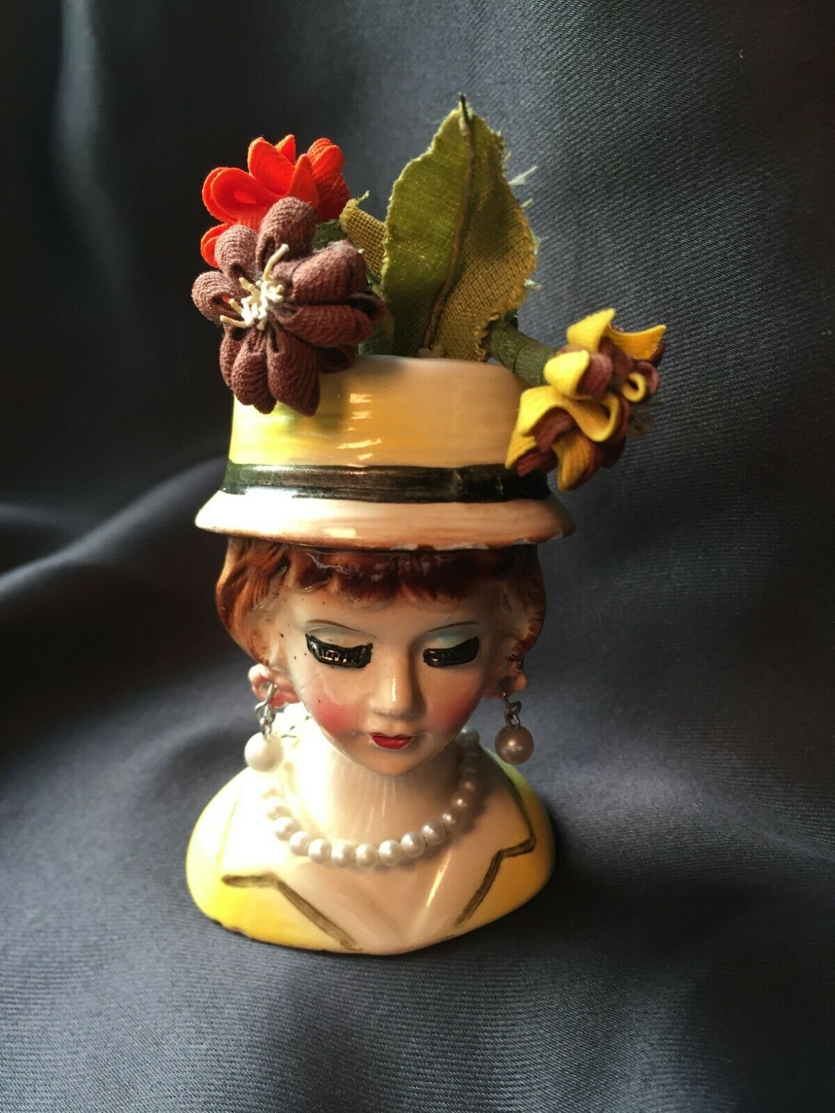 Vintage Ceramic Lady Head Vase Yellow Hat Dress Pearl Earrings Necklace Flowers