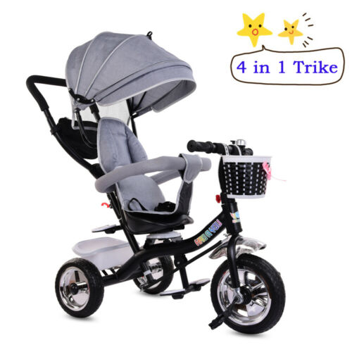 4in1 Kids Tricycle Baby Trike Push Along 3-wheel Pedal Bike Grey Coppy Xmas Gift