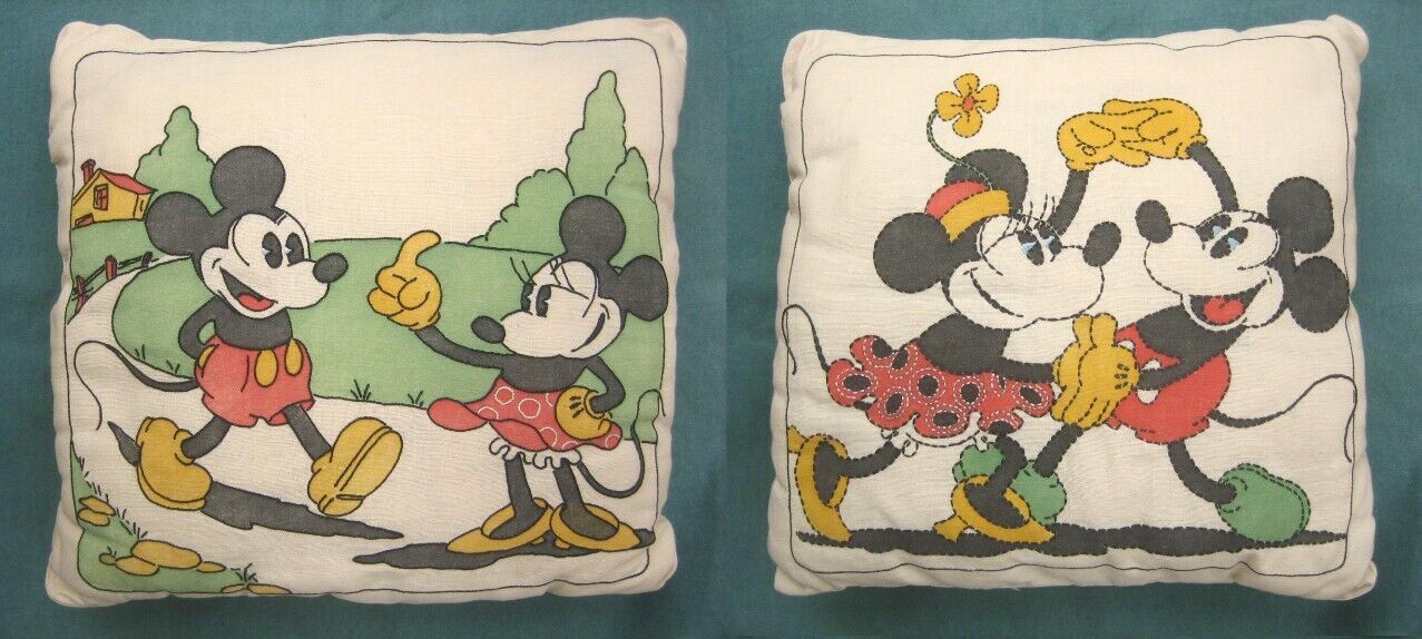 Pr Of Old Pie Eye Mickey Mouse & Minnie Mouse Disney Embroidered Pillows 15" Sq.