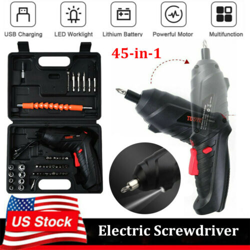 45pcs Electric Screwdriver Set Rechargeable Cordless Drill Kit Power Tool & Case