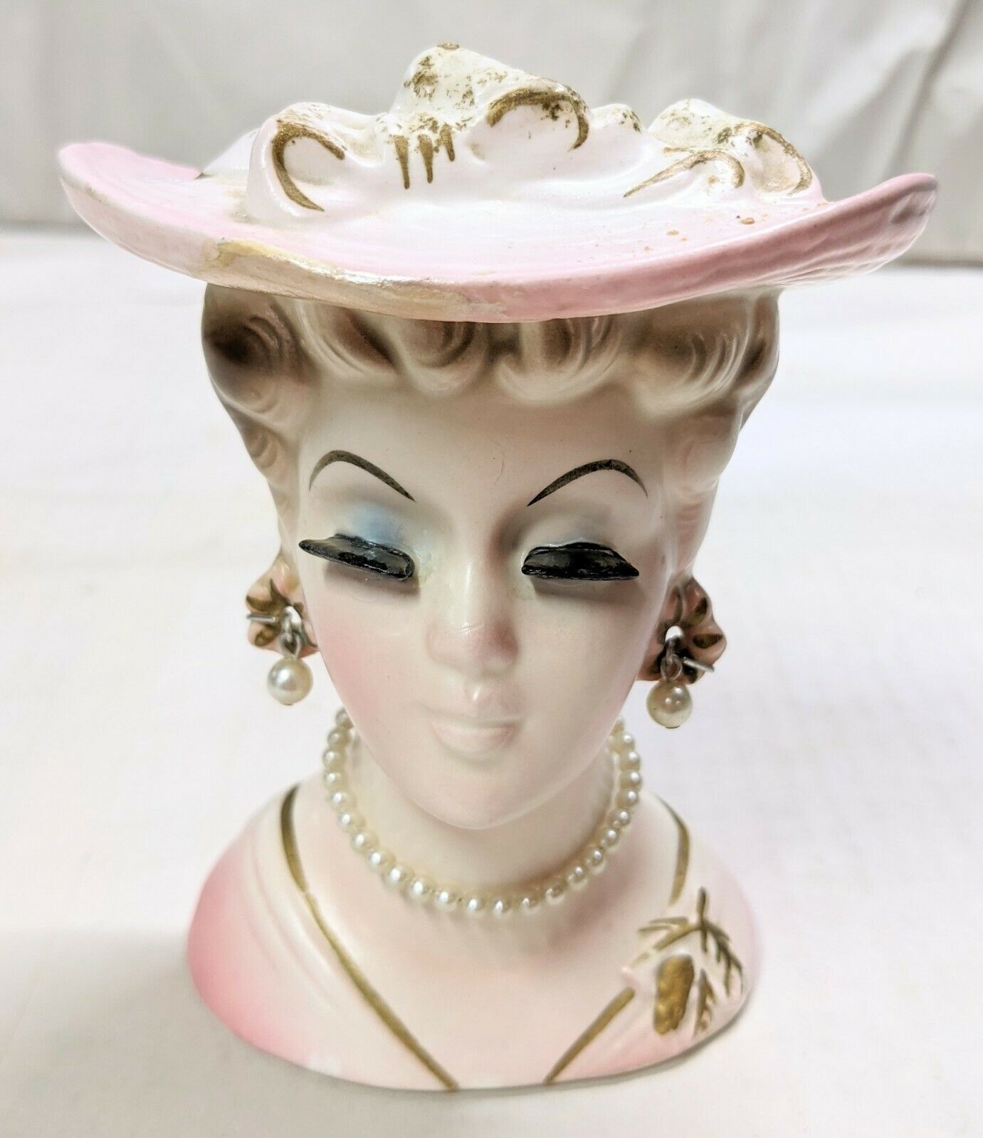 Unusual Vintage Lady Head Vase Pink Gold Pearls Pinecone Painted Brooch 1950's