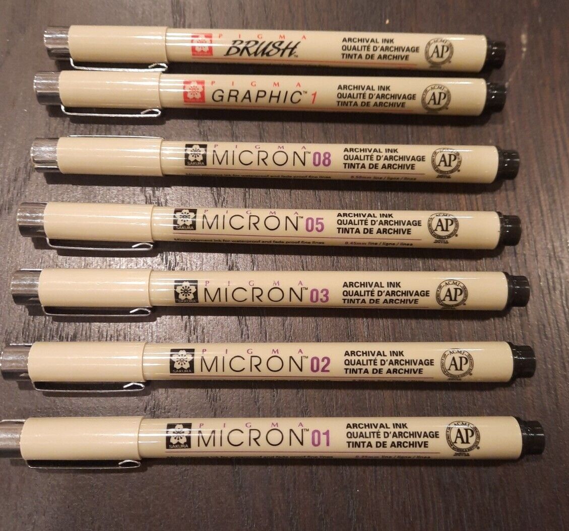 Sakura Black Pigma Micron Pen Set Of 7 Sizes Water Based Pigment Marker