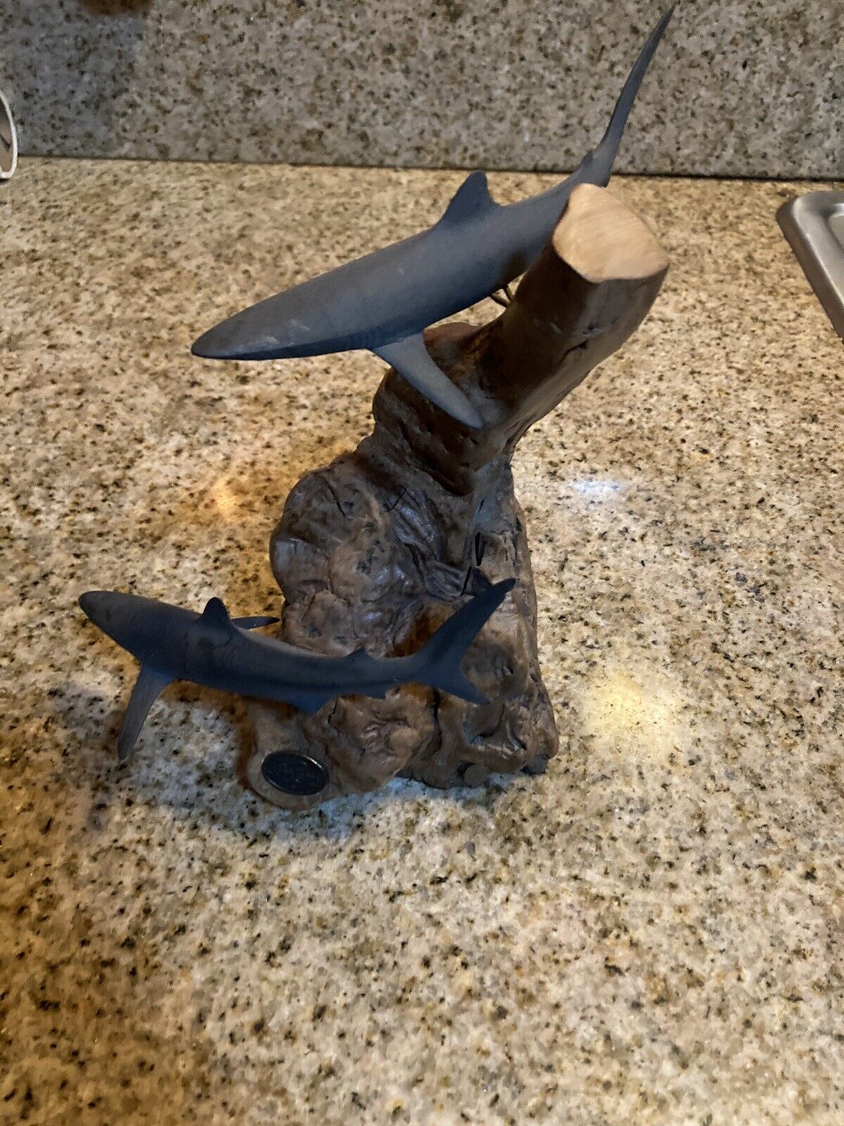 John Perry Grey  Shark Duo Sculpture Vintage . 8 Inches Tall. Great Condition