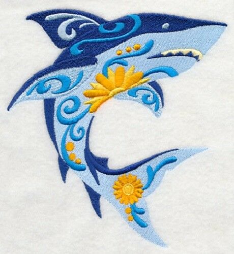 Embroidered Short-sleeved T-shirt - Flower Power Shark M5080 Sizes S - Xxl