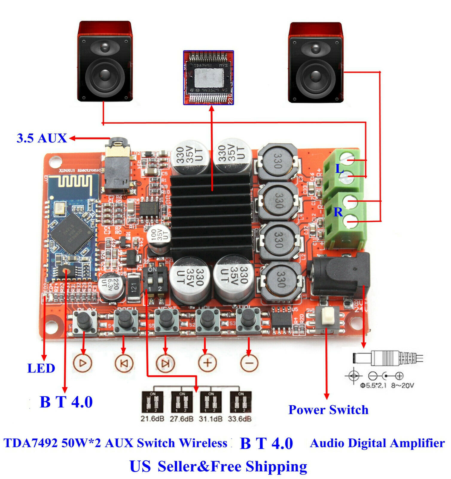 Tda7492 50w*2 Aux Switch Wireless Bluetooth 4.0 Audio Digital Amplifie Board