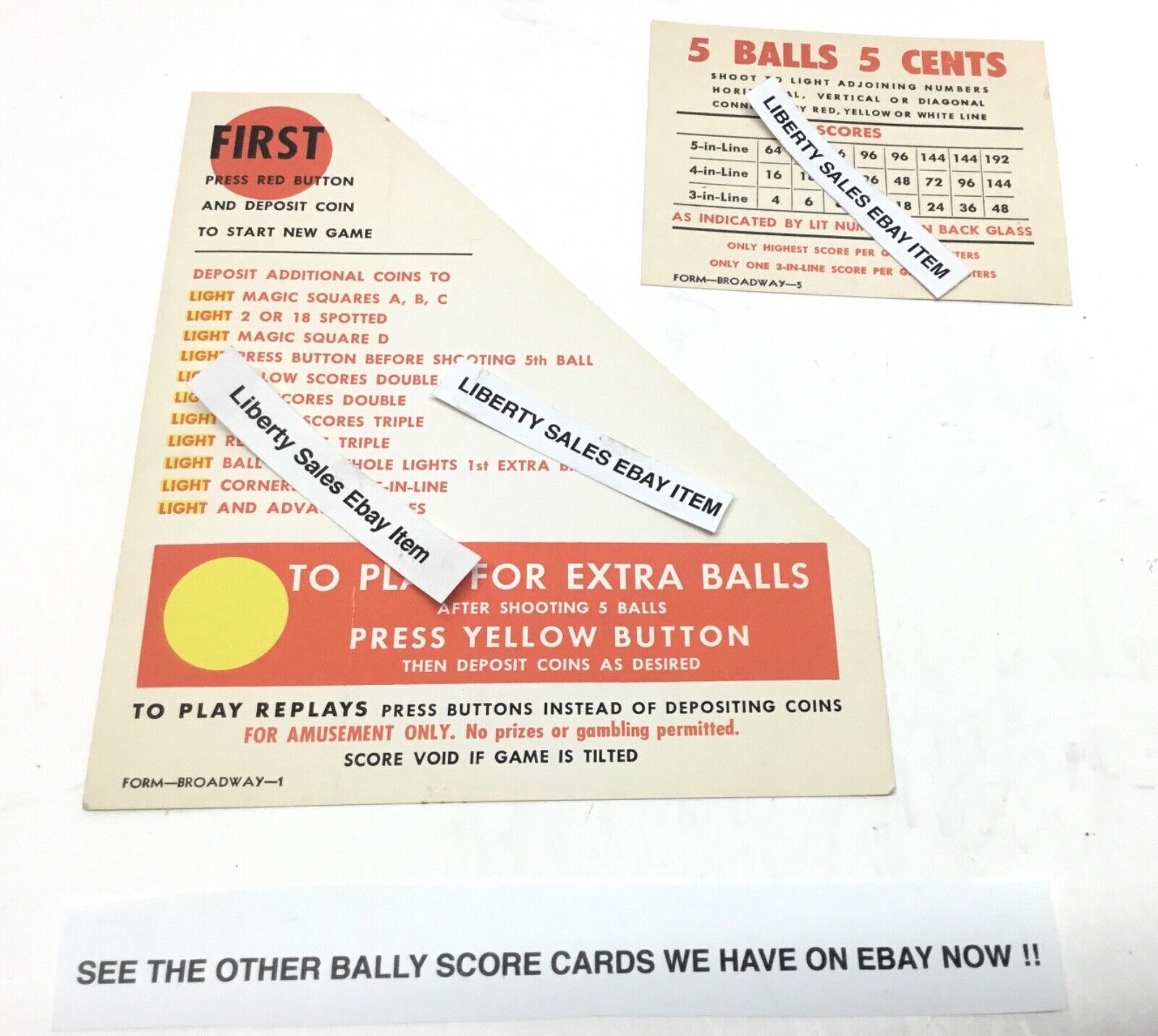 Antique Vintage 1950's Bally Broadway  Bingo Pinball Six Card Score Cards