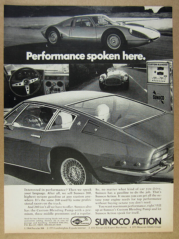 1972 Sunoco Gas Porsche 904 Ferrari 212 Maserati Ghibli Photo Vintage Print Ad