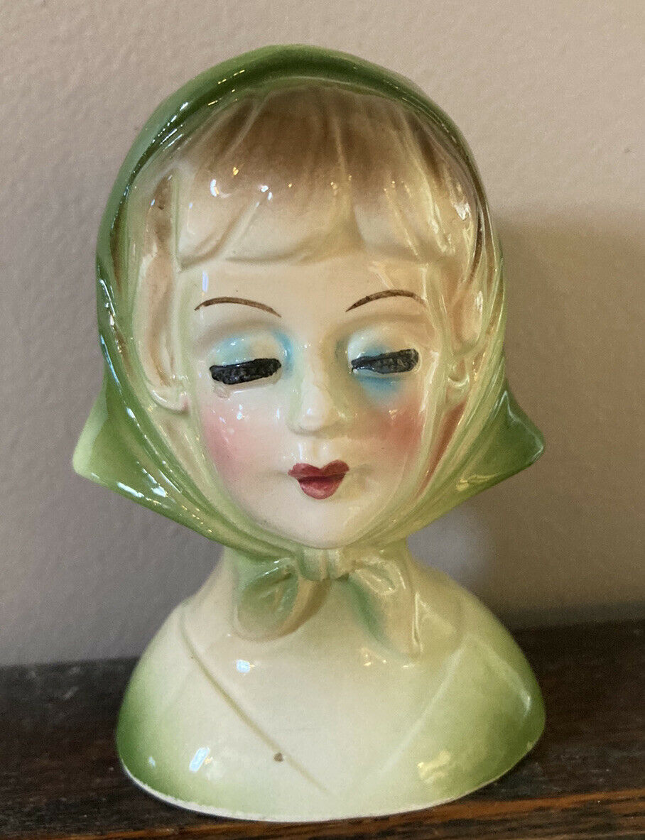 Miniature Vintage Head Vase Blond W/ Green Scarf
