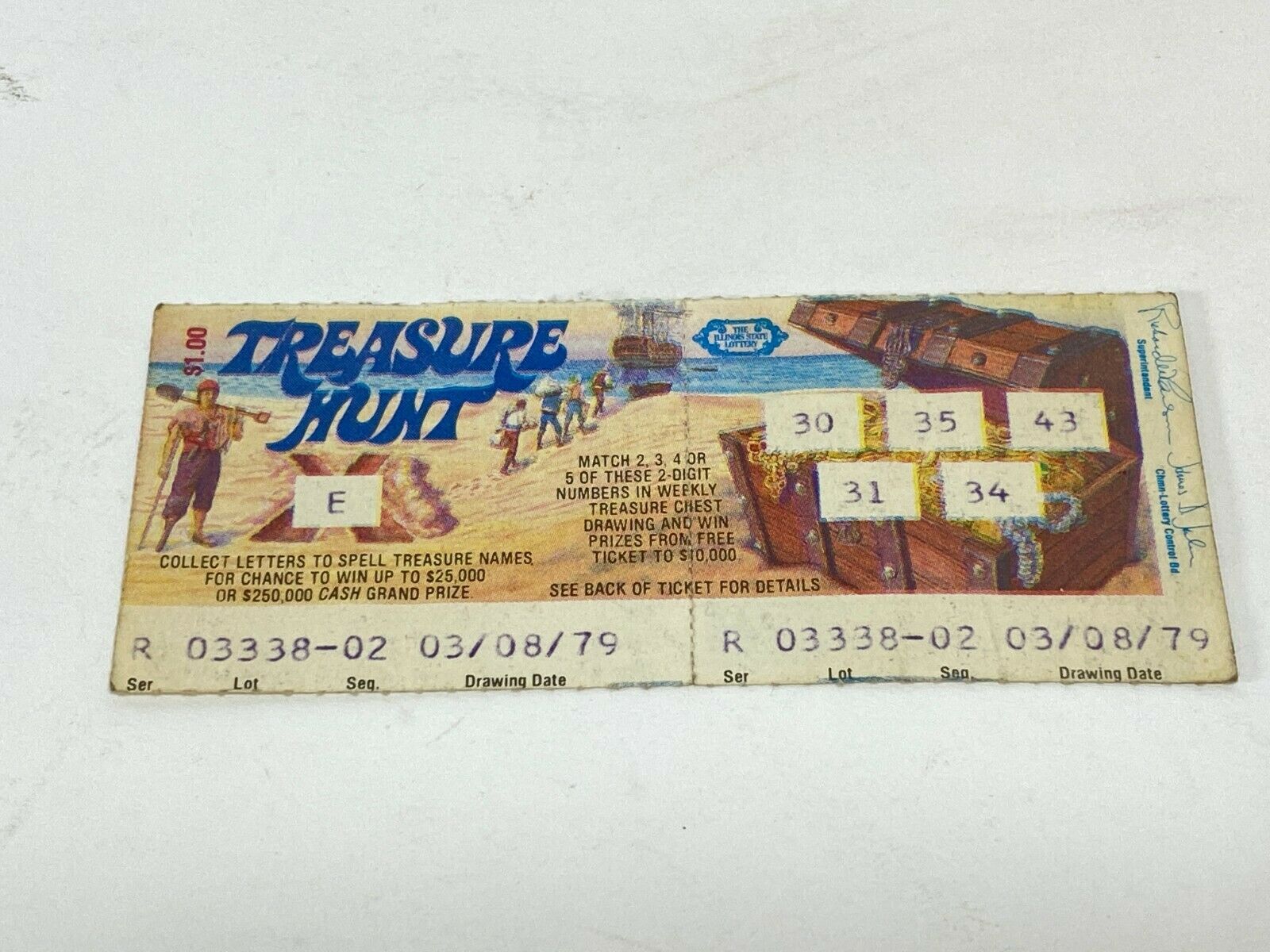 Vtg March 1979 Illinois State Lottery Ticket - $1.00 Treasure Hunt