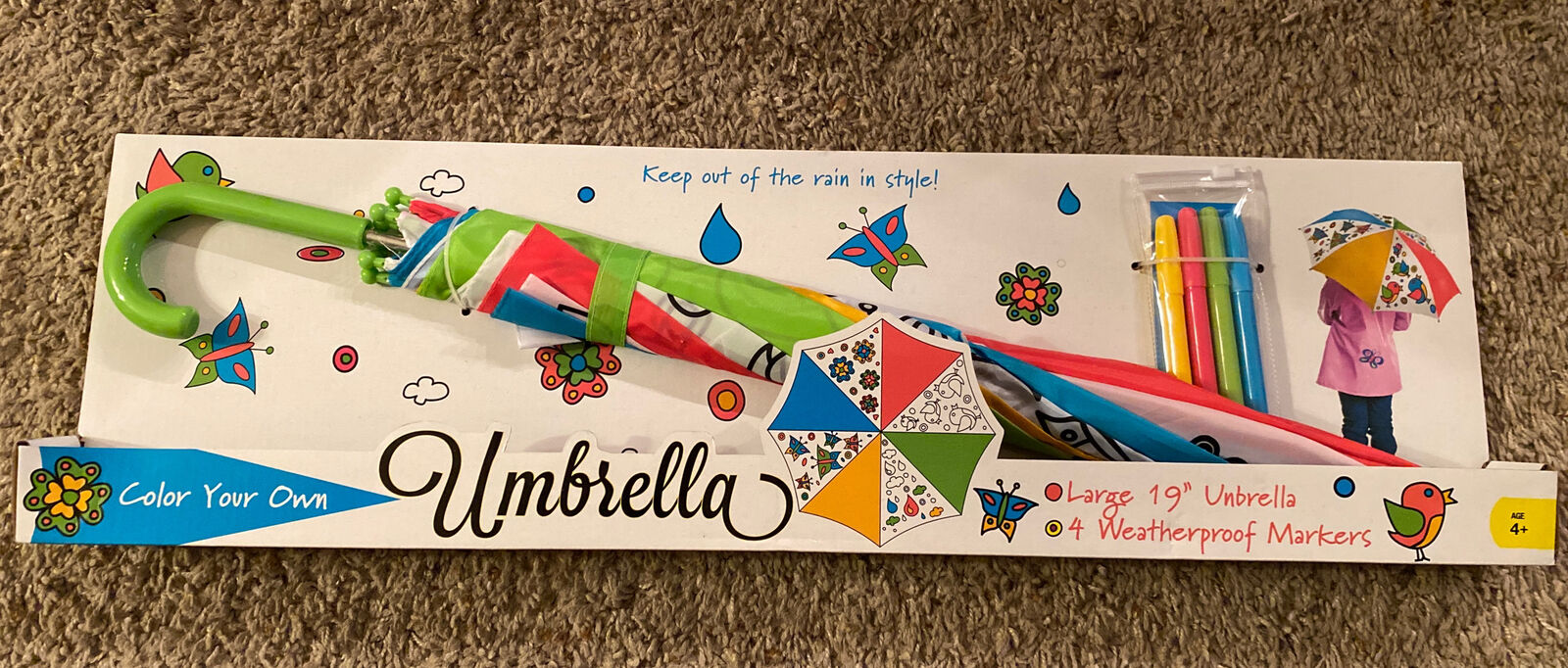 Brand New Color Your Own Kids Umbrella W/ Weatherproof Markers - 19”