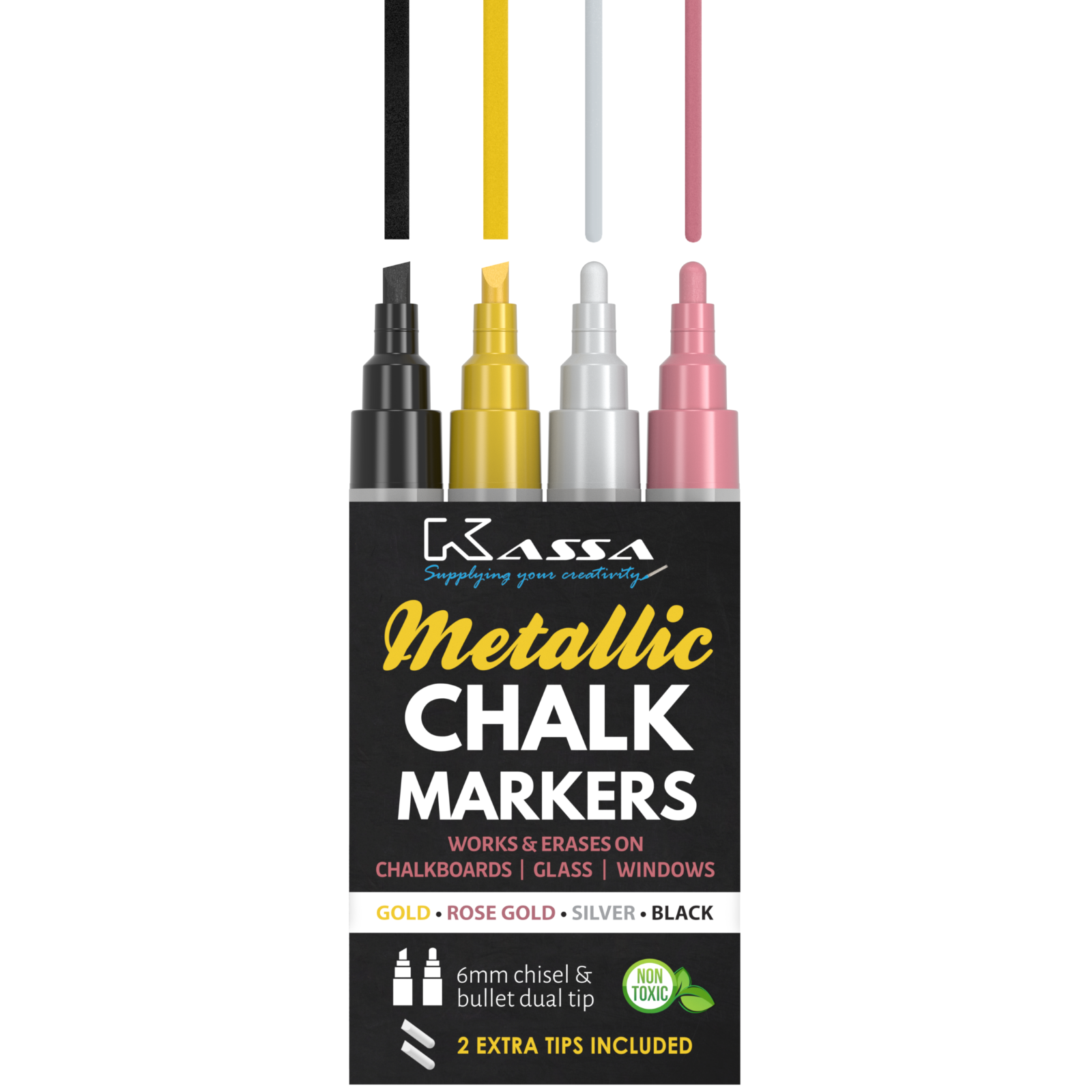 Kassa Metallic Chalk Markers (gold, Rose Gold, Black & Silver) Chalkboard Pen