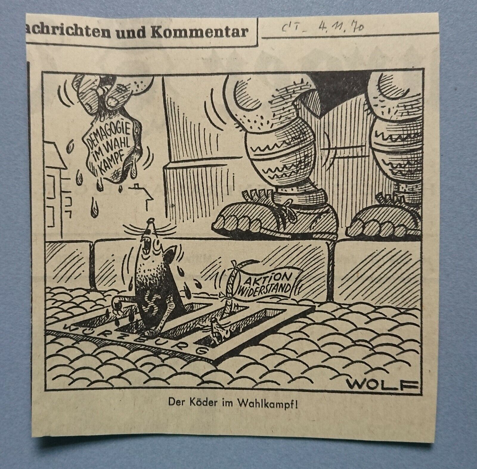Old Display Tageblatt Coburg 04.11.70 Political Satire Politics Economy Wolf